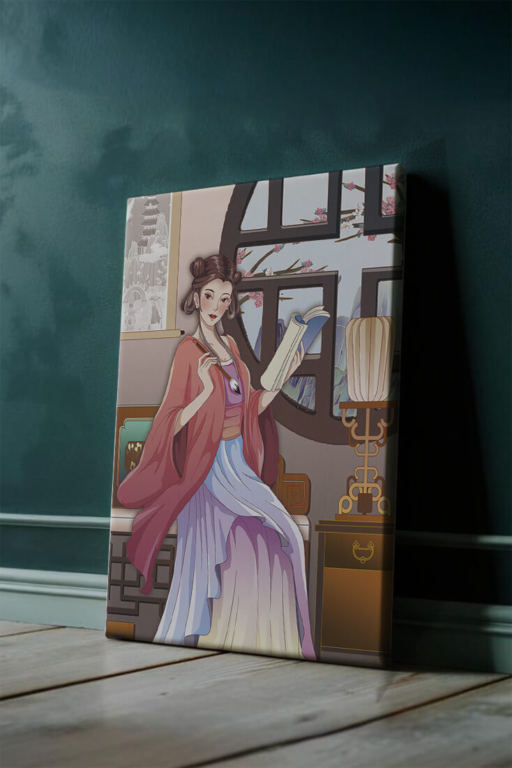 Illustrated scene of a woman in traditional attire reading by a window