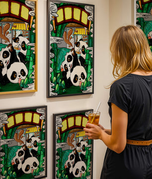 Ilustración de pandas encantadores disfrutando de helado bajo un puente de bambú