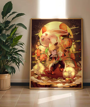 Fantasy scene with rabbit and character amid fireworks and lanterns