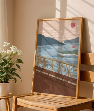 Coastal Landscape with Lighthouse and Artistic Fence at Sunset