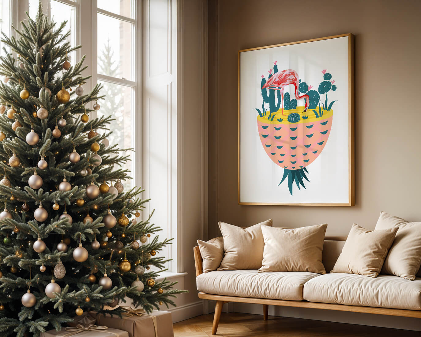 Ilustración de flamenco con cactus en jarrón de piña