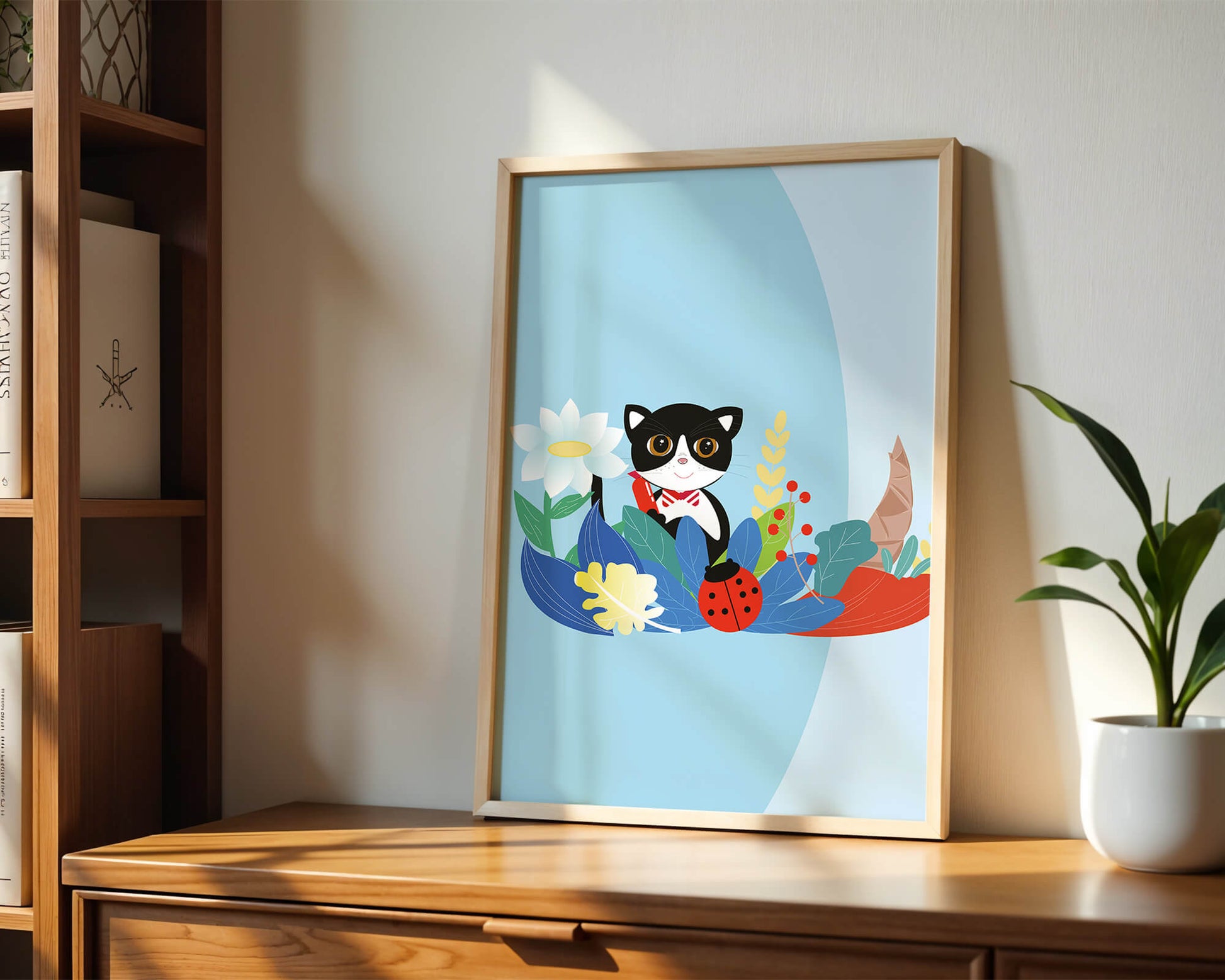Ilustración de un gato con mariquita y flores sobre fondo azul claro