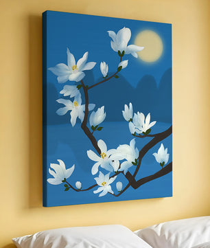 White magnolia branch under moonlight with blue background