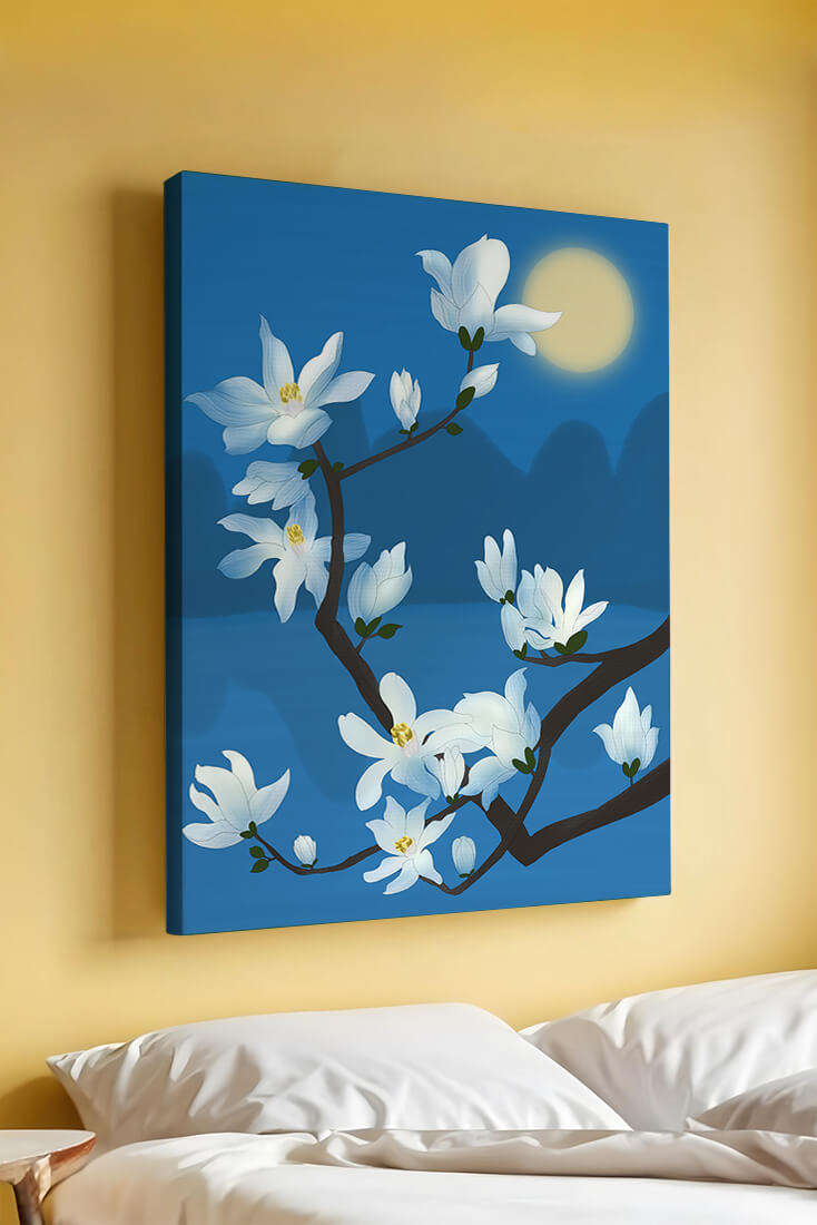 White magnolia branch under moonlight with blue background