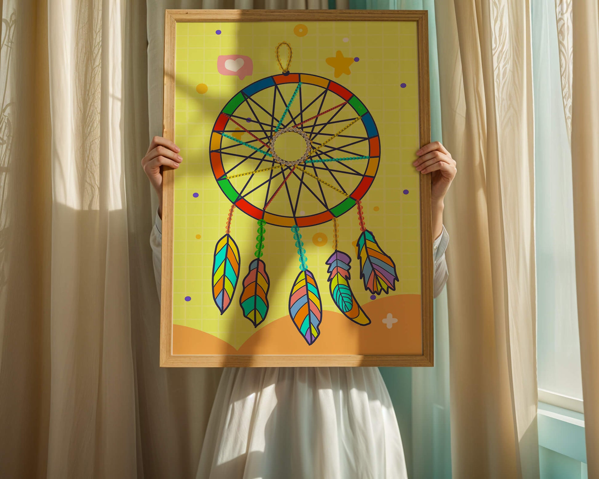 Colorful dreamcatcher on a vibrant yellow background