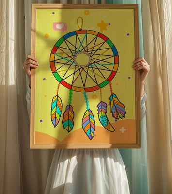 Colorful dreamcatcher on a vibrant yellow background