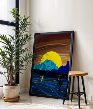 Paisaje surrealista con una puesta de sol vibrante y silueta