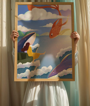 Escena onírica con vida marina y figura flotante en el cielo