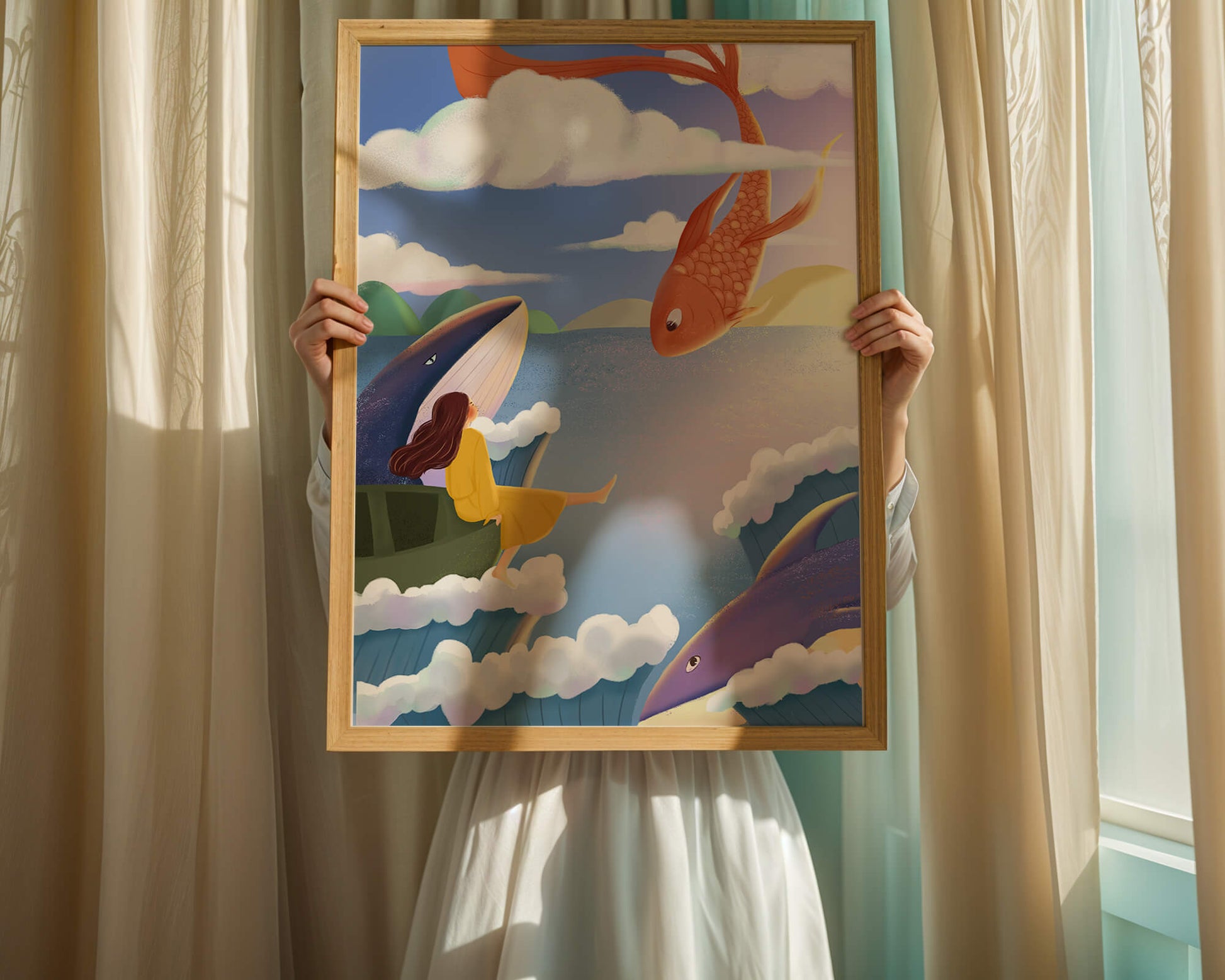 Dreamlike scene with marine life and floating figure in the sky