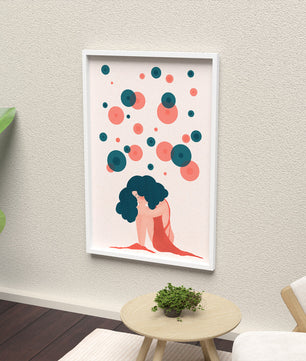 Abstract Illustration of a Woman with Curly Blue Hair Surrounded by Colorful Circles - Mi tienda