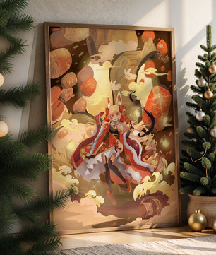 Vibrant fantasy scene with animated character and whimsical creatures
