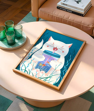 Playful cat with a fish tank tumbler in the underwater scene illustration