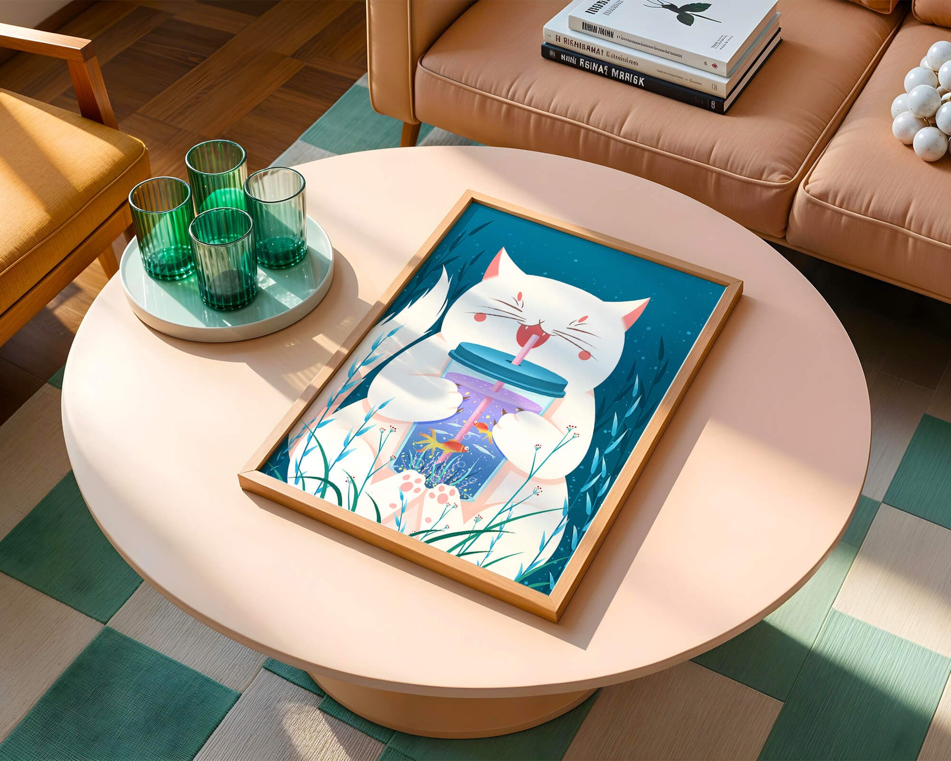 Playful cat with a fish tank tumbler in the underwater scene illustration