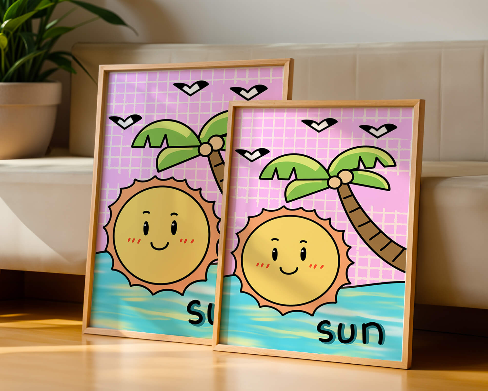 Cartoon sun with palm tree and ocean scene
