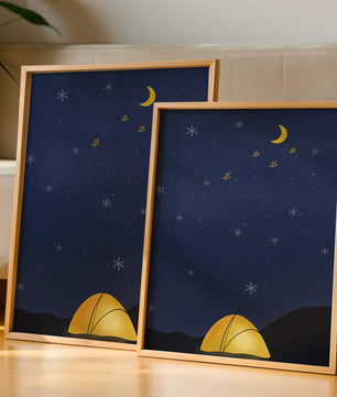 Camping Under Night Sky with Stars and Crescent Moon