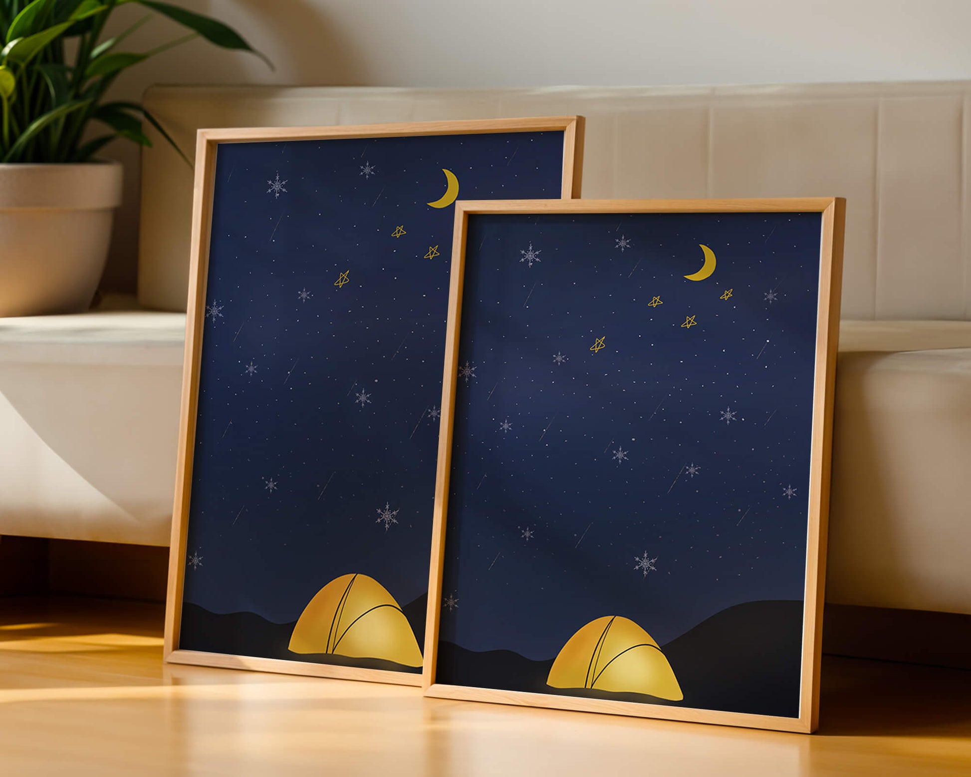 Camping Under Night Sky with Stars and Crescent Moon