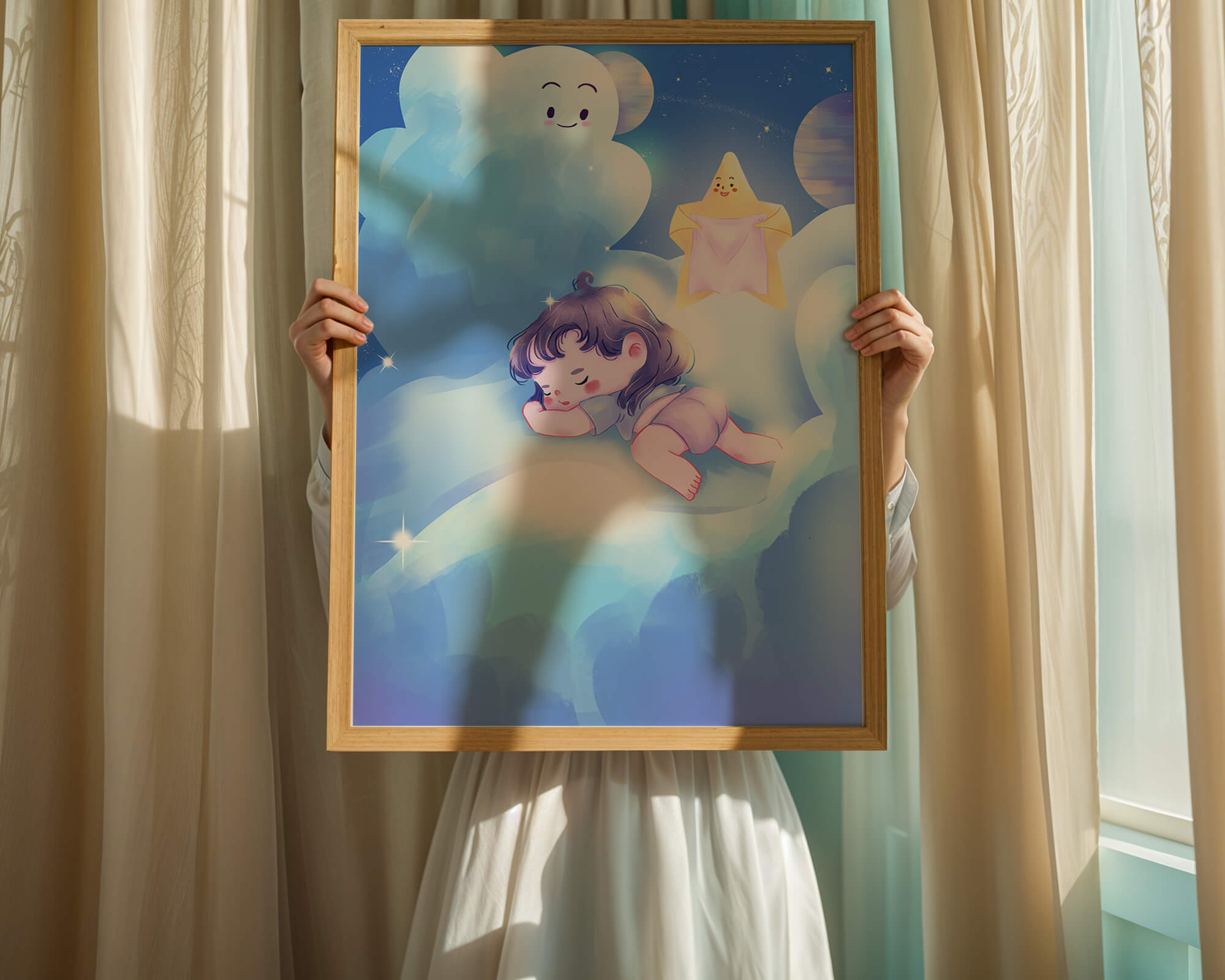 Dreamy illustration of sleeping child on clouds with smiling cloud and star
