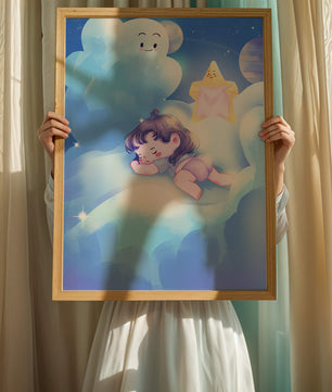 Dreamy illustration of sleeping child on clouds with smiling cloud and star