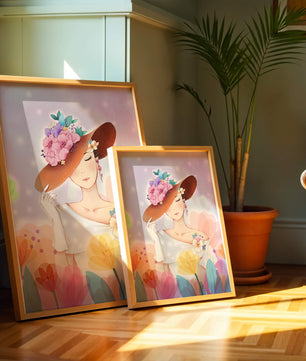 Mujer elegante con sombrero floral entre flores coloridas