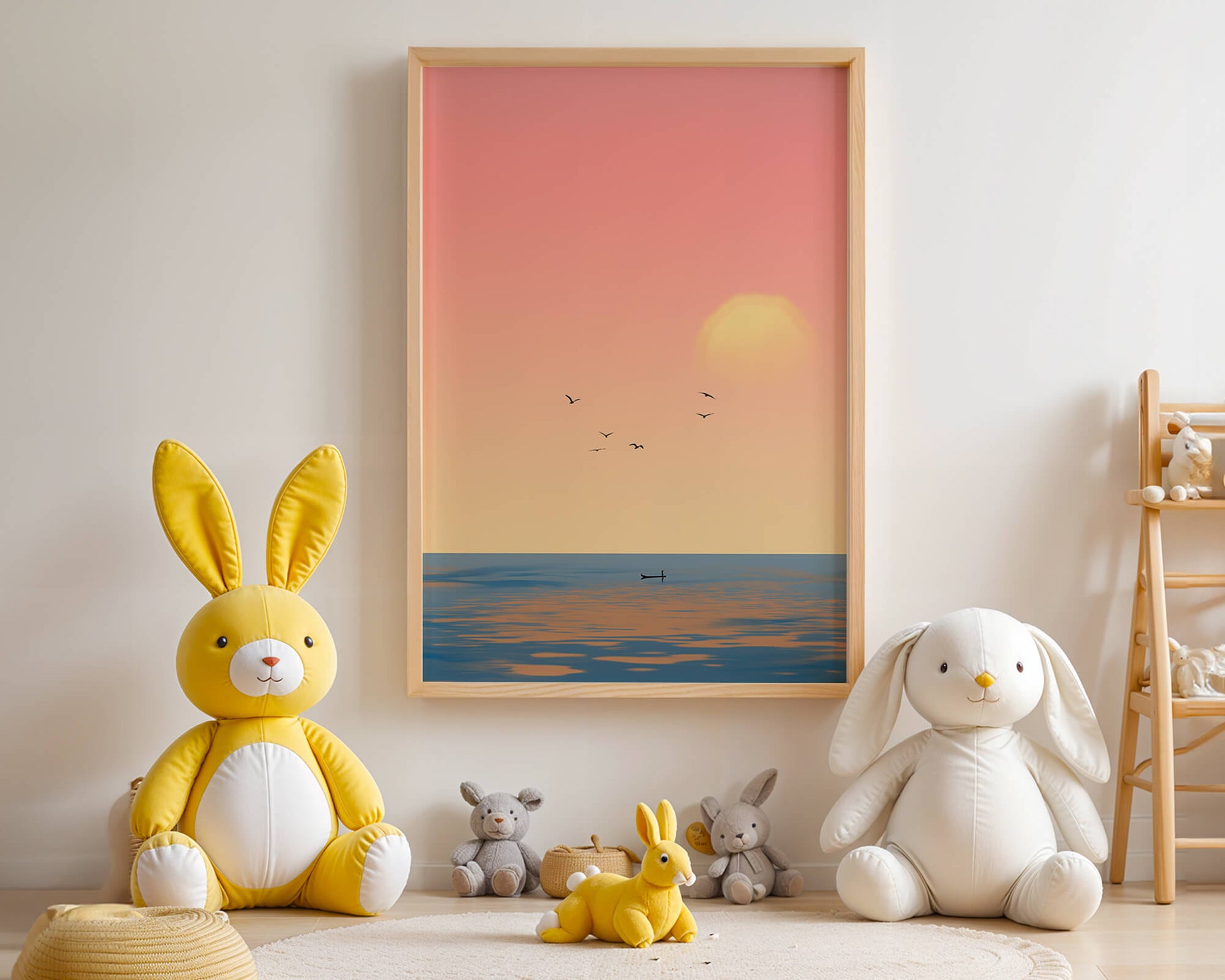 Tranquille coucher de soleil sur l'océan calme avec des oiseaux dans le ciel