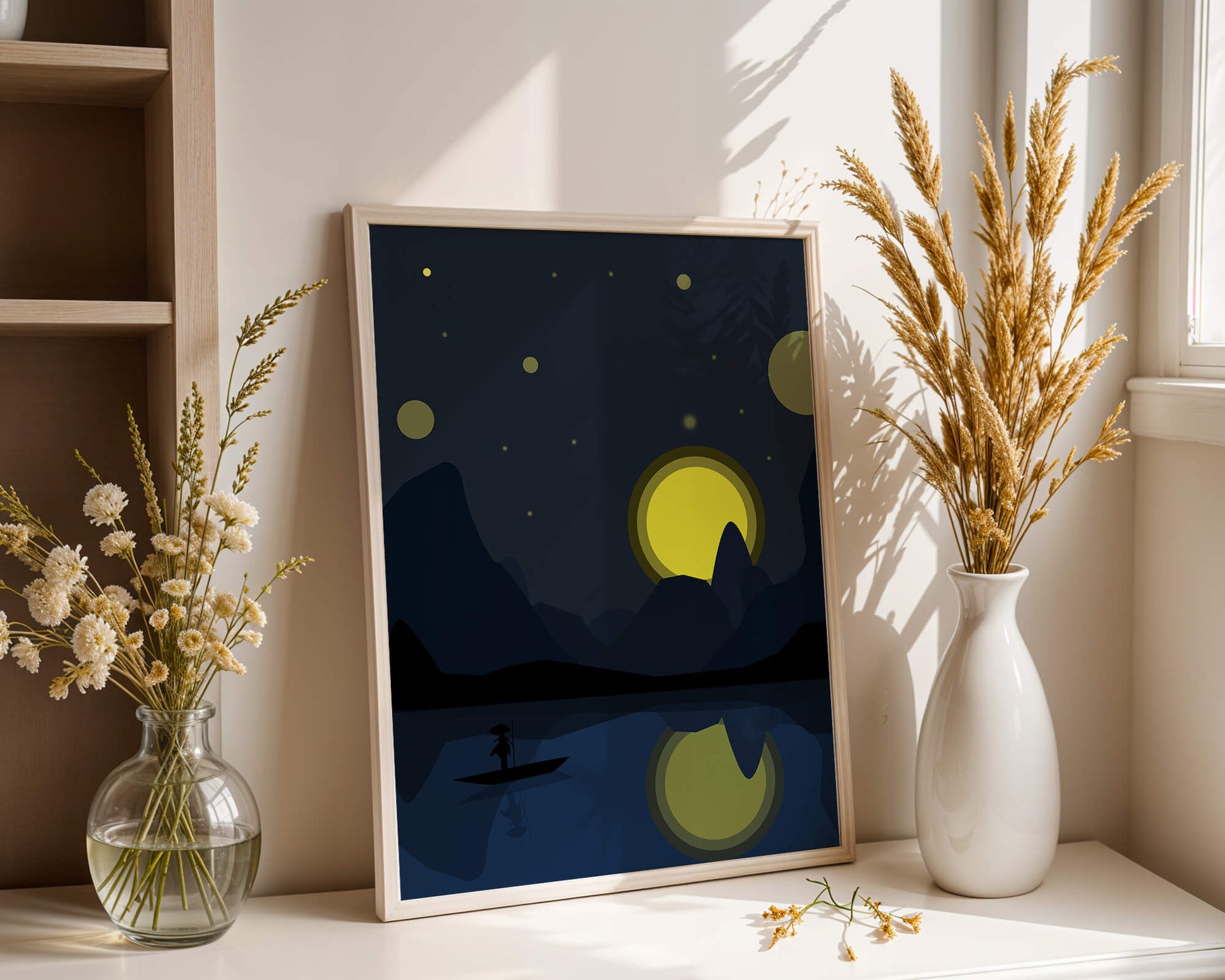 Serene night landscape with moonlit river and silhouetted boat