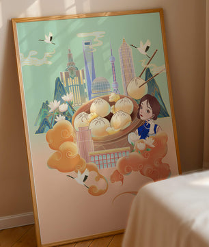 Illustration de la ligne d’horizon de Shanghai avec des raviolis et des éléments asiatiques