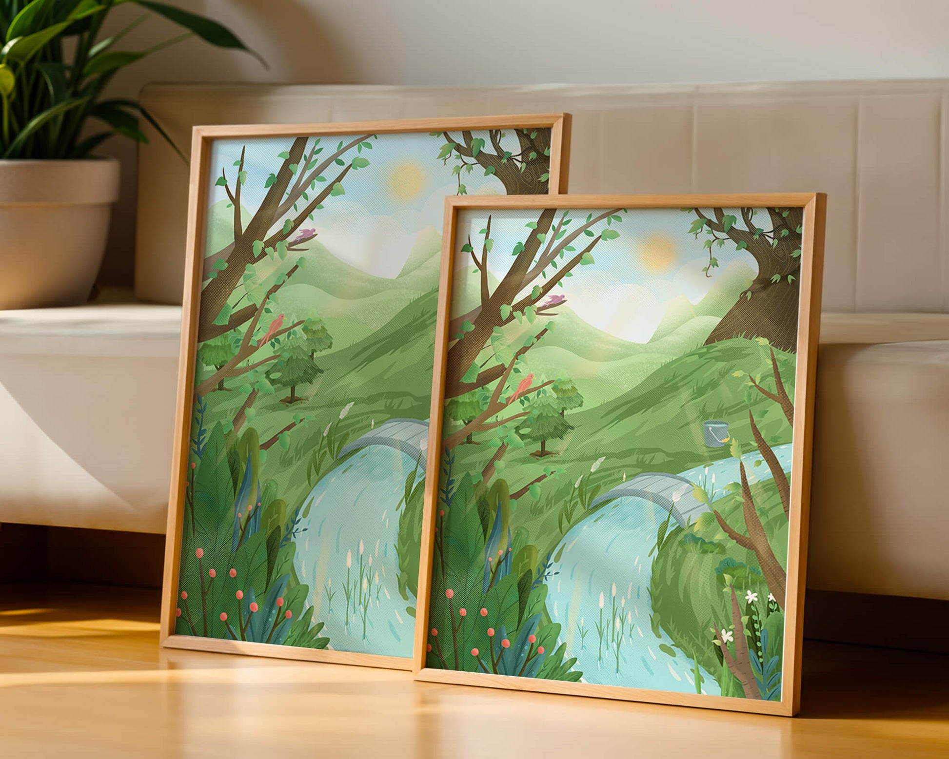 Paisaje sereno con aves y río bajo un cielo soleado