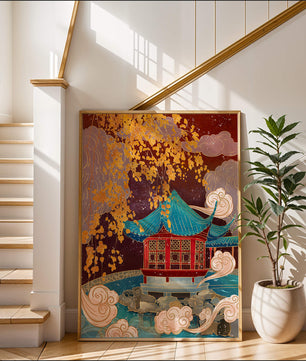 Traditional Chinese Pavilion with Gold Leaves and Clouds