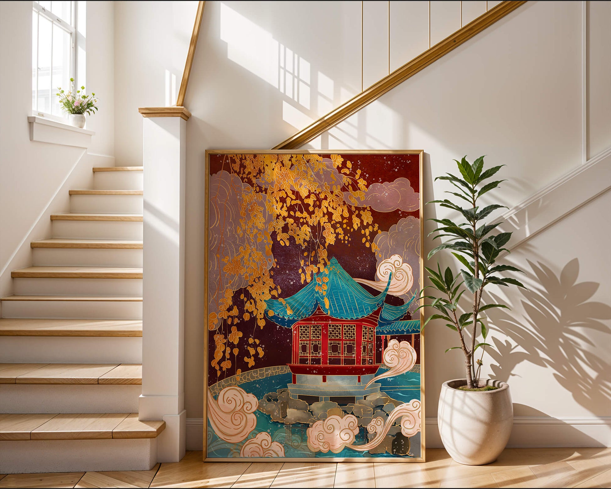 Pabellón chino tradicional con hojas doradas y nubes