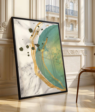 Elegant abstract design with gold accents and teal hues