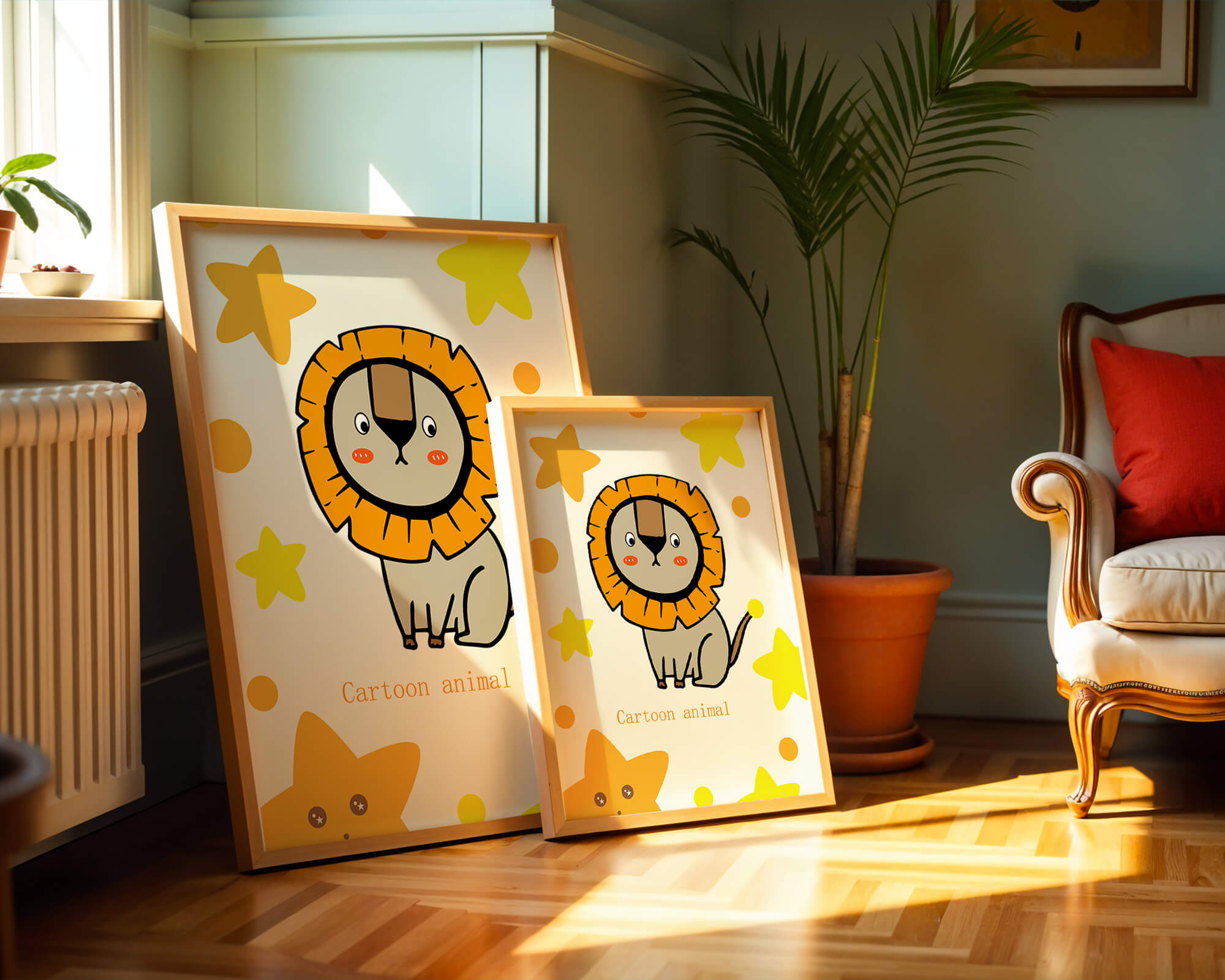 Cute cartoon lion illustration with stars for children's room