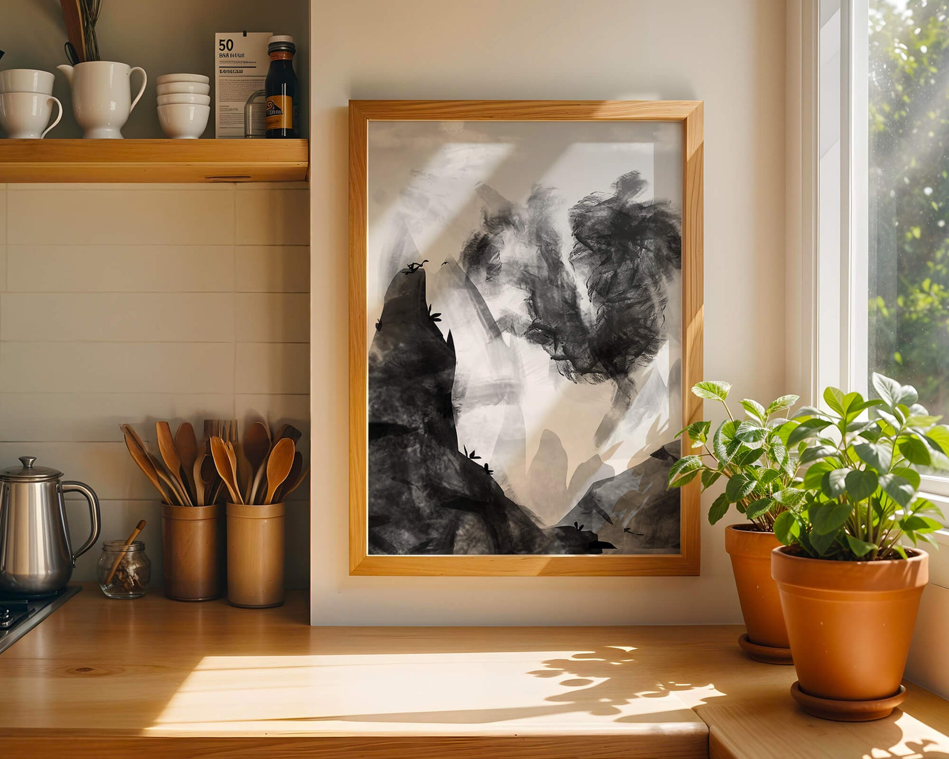 Paisaje monocromático con montañas y nubes abstractas