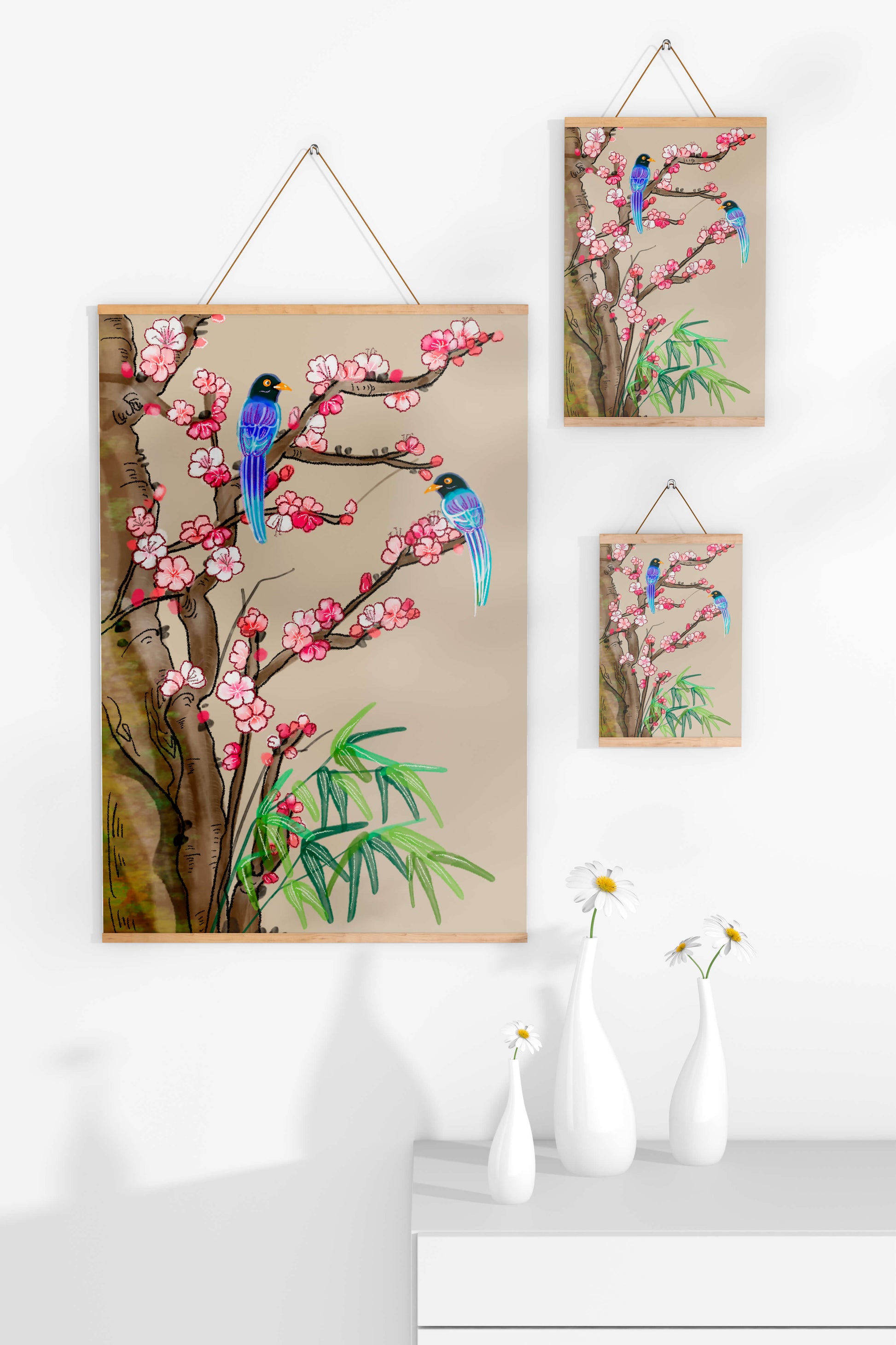Illustration sereine d’oiseaux sur des branches en fleurs avec des feuilles de bambou