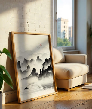 Peaceful mountain landscape with mist and rising sun