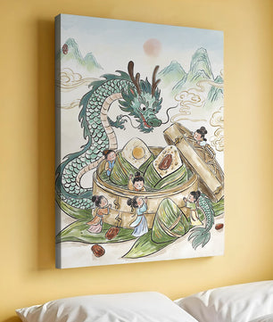 Dragon and Steamed Dumplings with Children in a Mountainous Landscape