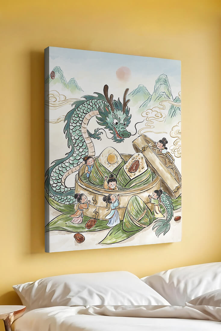 Dragón y dumplings al vapor con niños en un paisaje montañoso