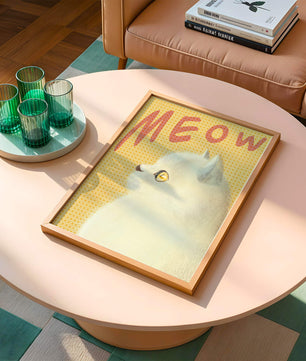 Profile View of a White Cat with Meow Text on Yellow Background