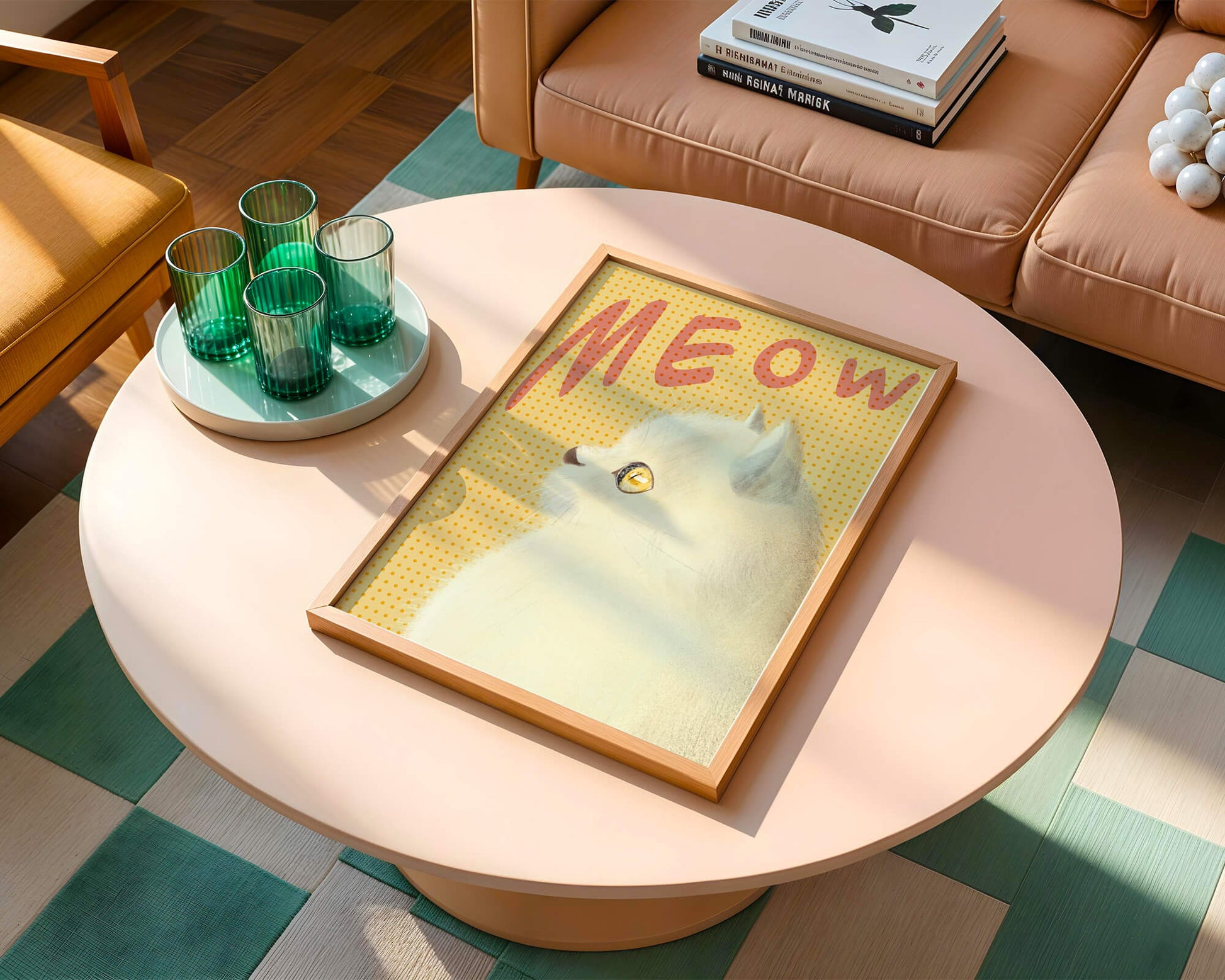 Profile View of a White Cat with Meow Text on Yellow Background
