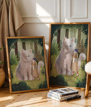 Verzauberter Wald mit einer riesigen Katze und einer Frau