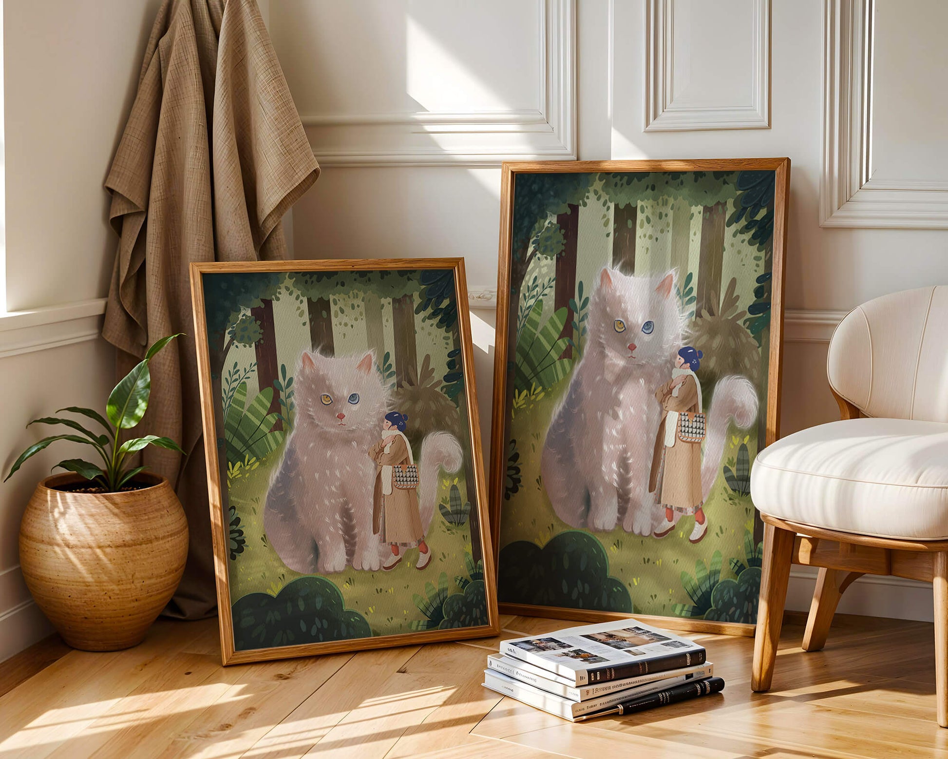 Verzauberter Wald mit einer riesigen Katze und einer Frau