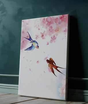 Pájaros coloridos y flores rosadas en una escena primaveral acuarelada