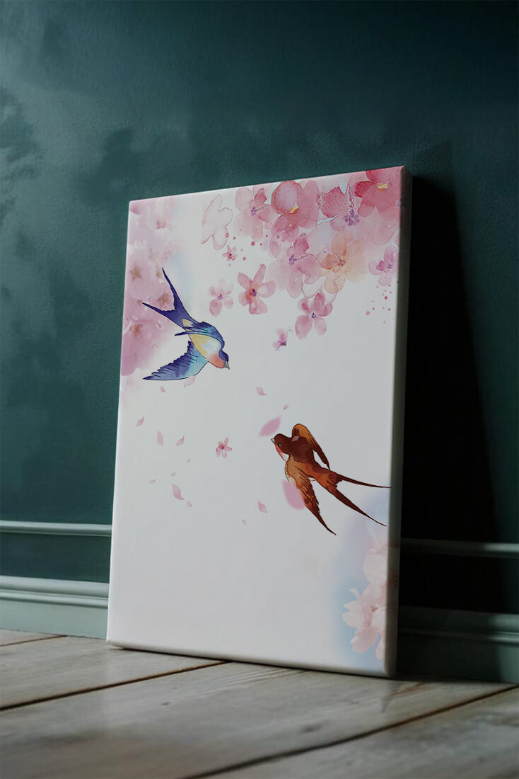 Pájaros coloridos y flores rosas en una escena primaveral de acuarela