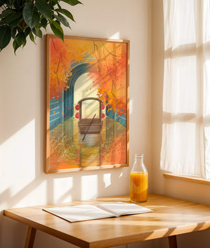 Serene autumn scene with archway and wooden boat
