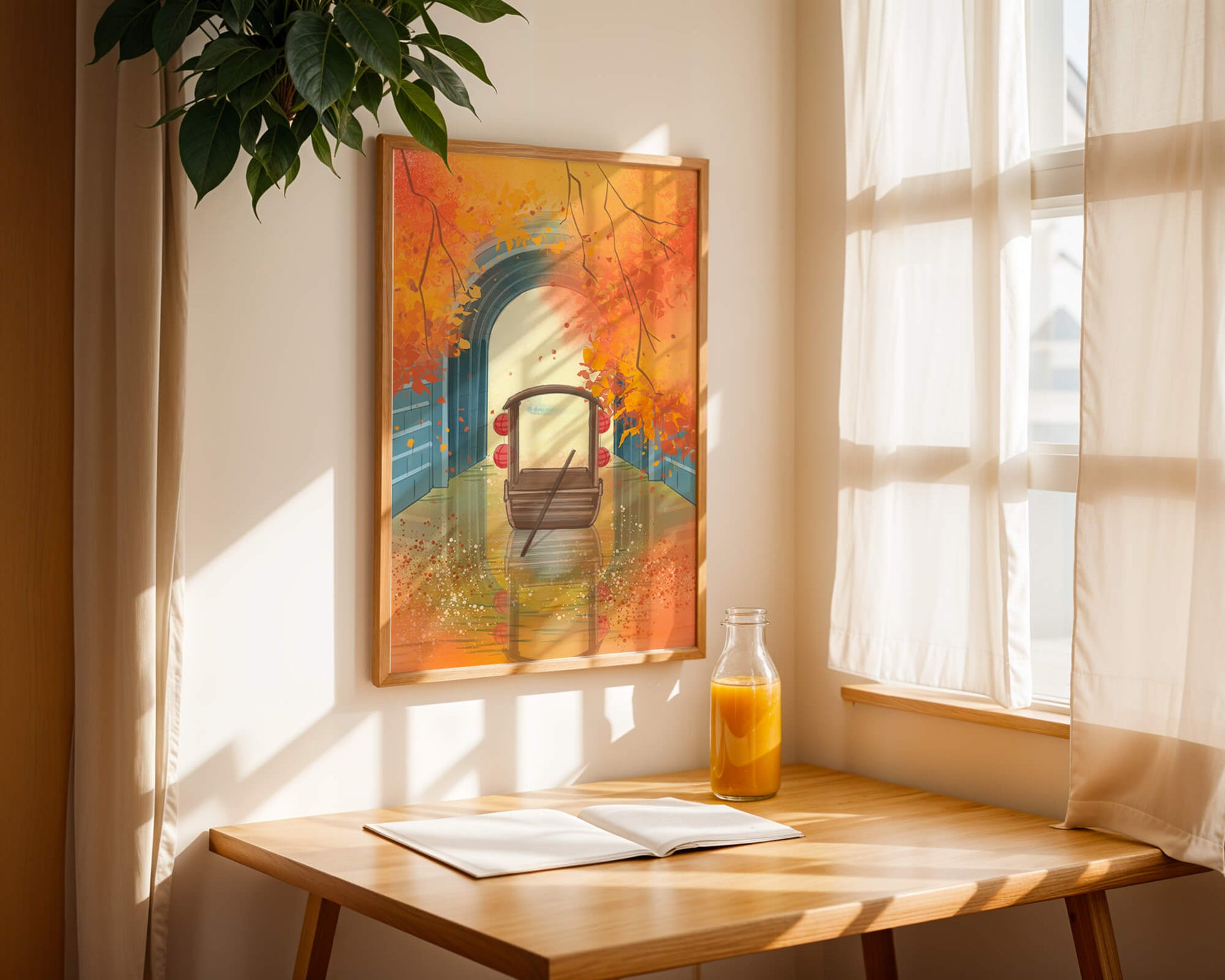 Serene autumn scene with archway and wooden boat