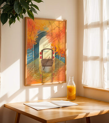 Serene autumn scene with archway and wooden boat