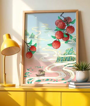 Idyllic Landscape with Lush Lychee Branches and Serene Waterscape