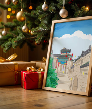 Arquitectura china tradicional con toques vibrantes y fondo escénico