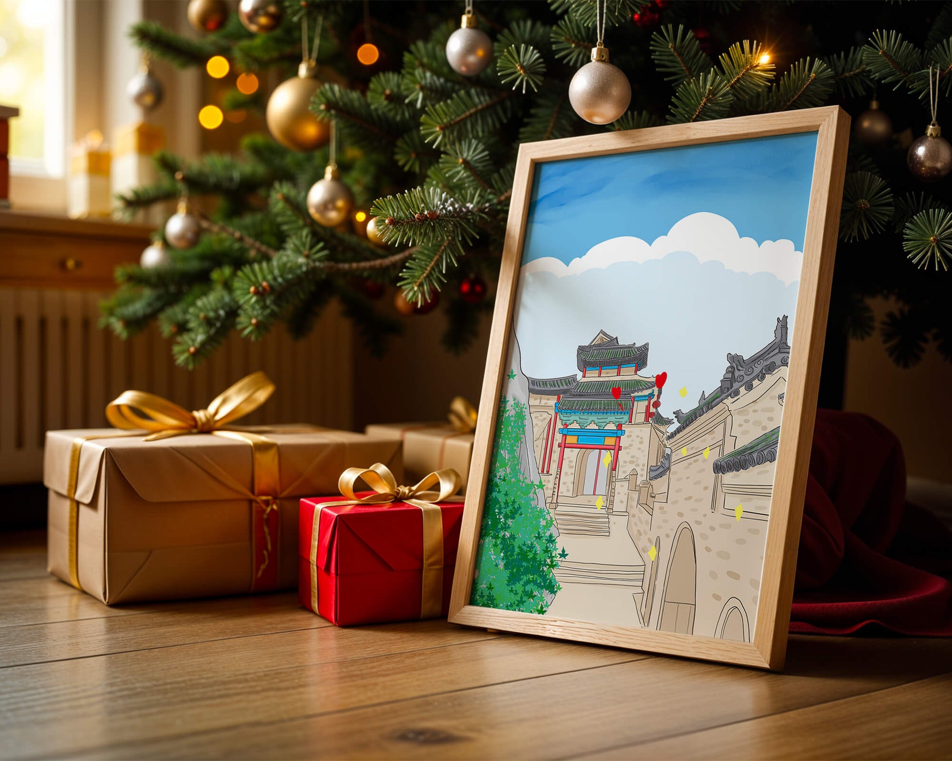 Arquitectura china tradicional con toques vibrantes y fondo escénico