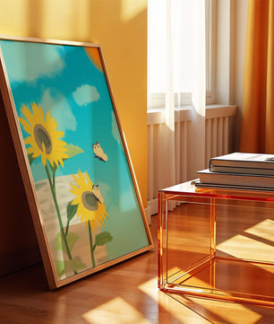 Sunflowers And Butterflies Under A Bright Blue Sky