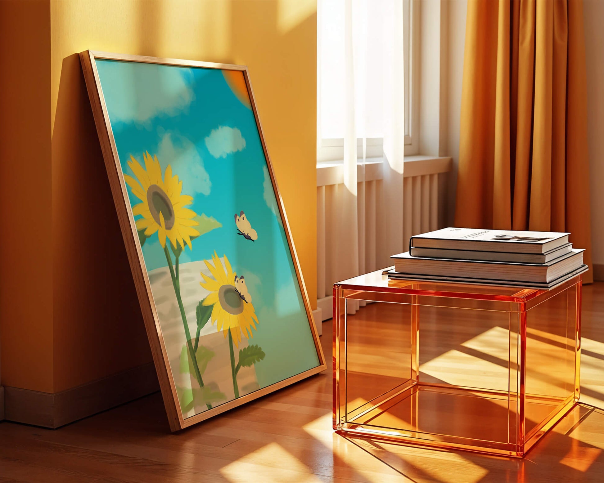 Sunflowers And Butterflies Under A Bright Blue Sky